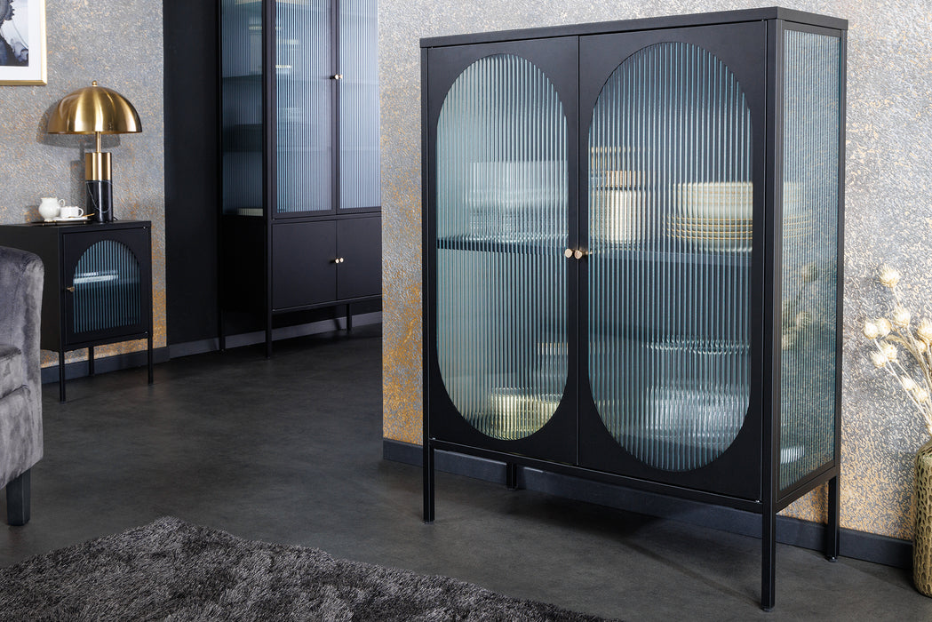Vitrine New York 110cm Riffelglas schwarz