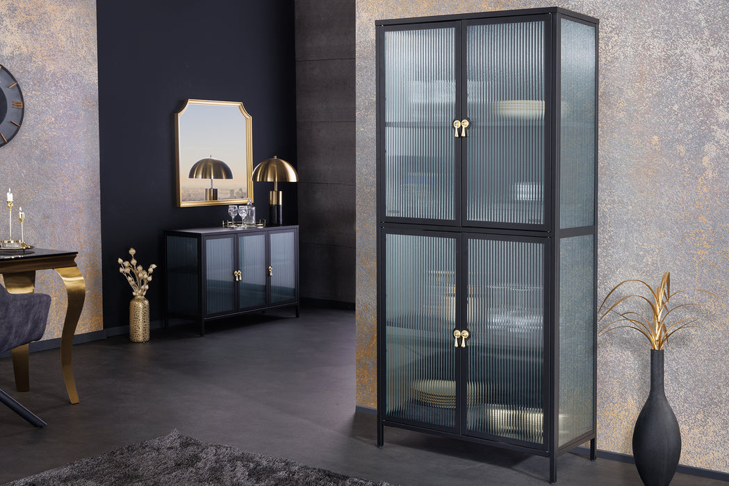 Vitrine Davos 180cm Riffelglas schwarz