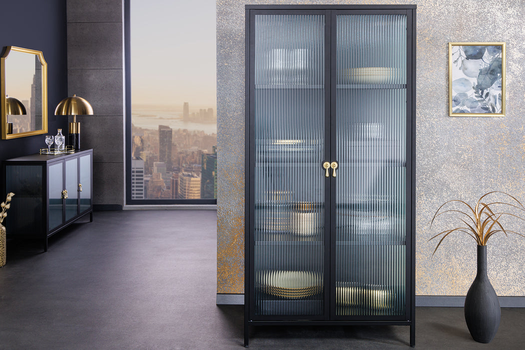 Vitrine Davos 160cm Riffelglas schwarz