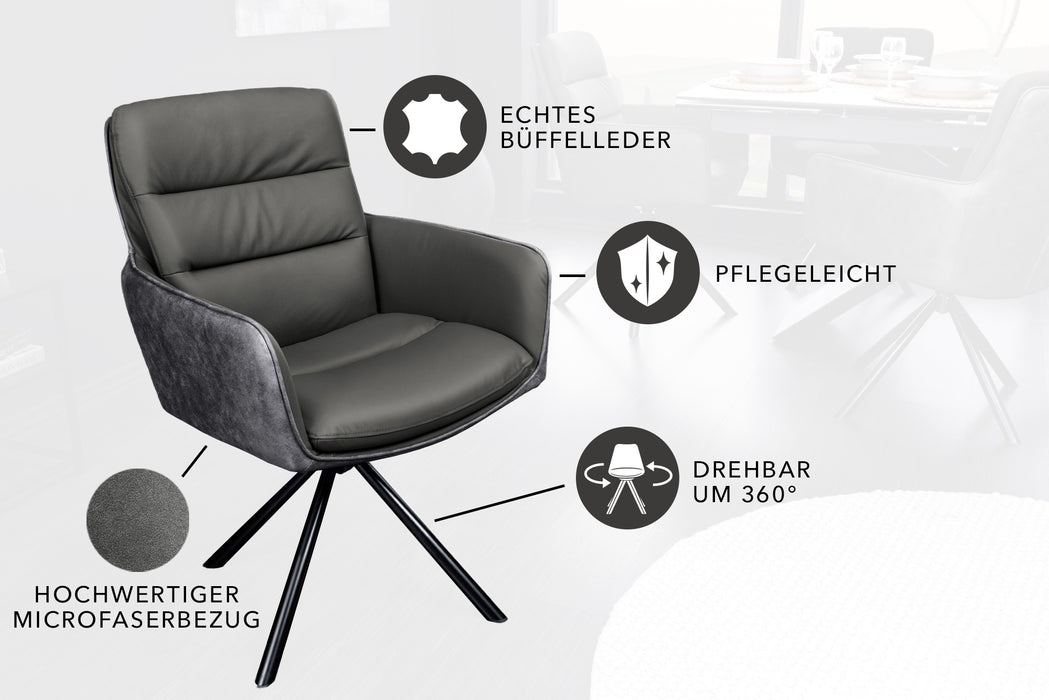 Stuhl Grand Henry Leder grau Armlehne